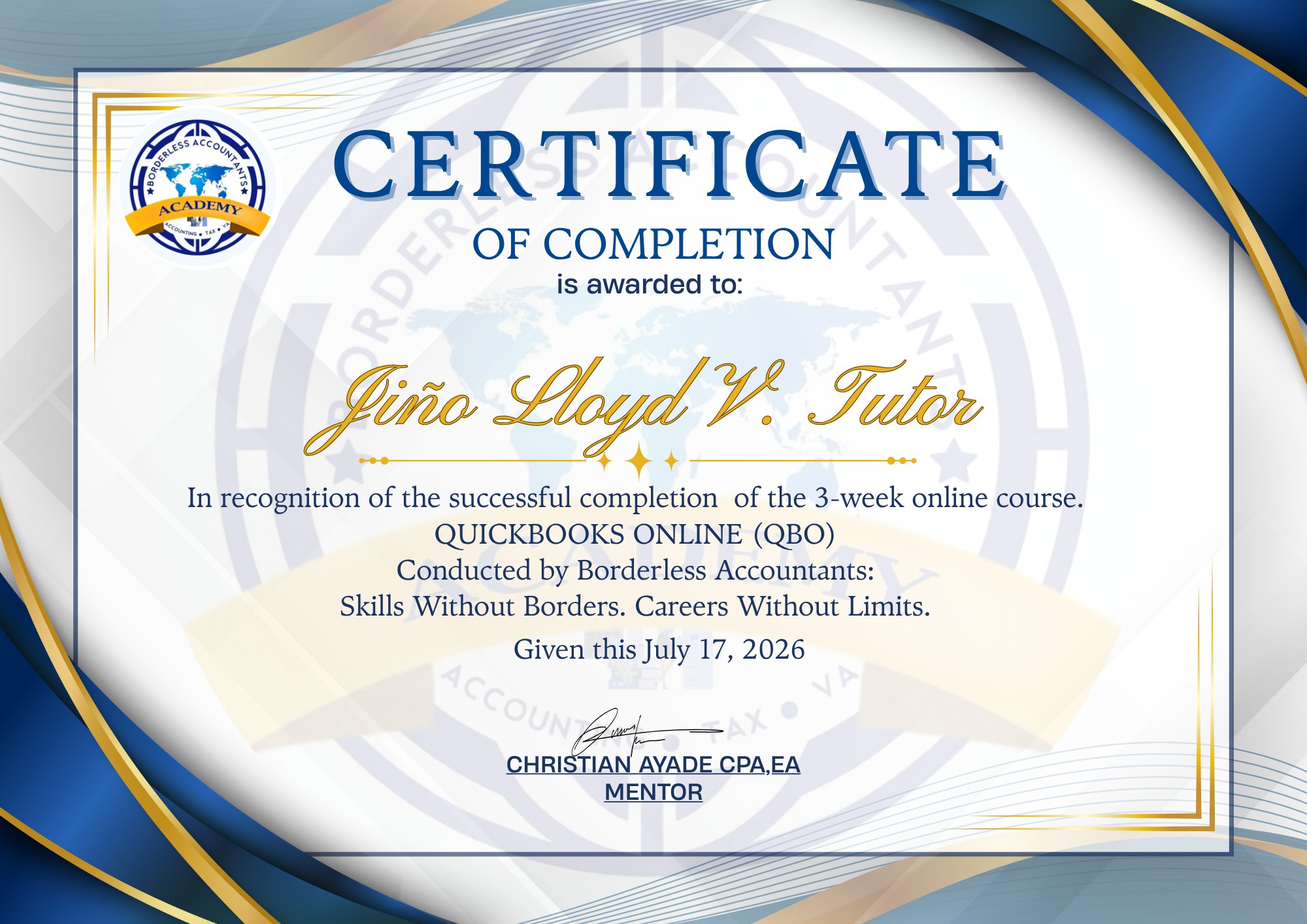 Certificate of completion — QuickBooks Online (QBO)