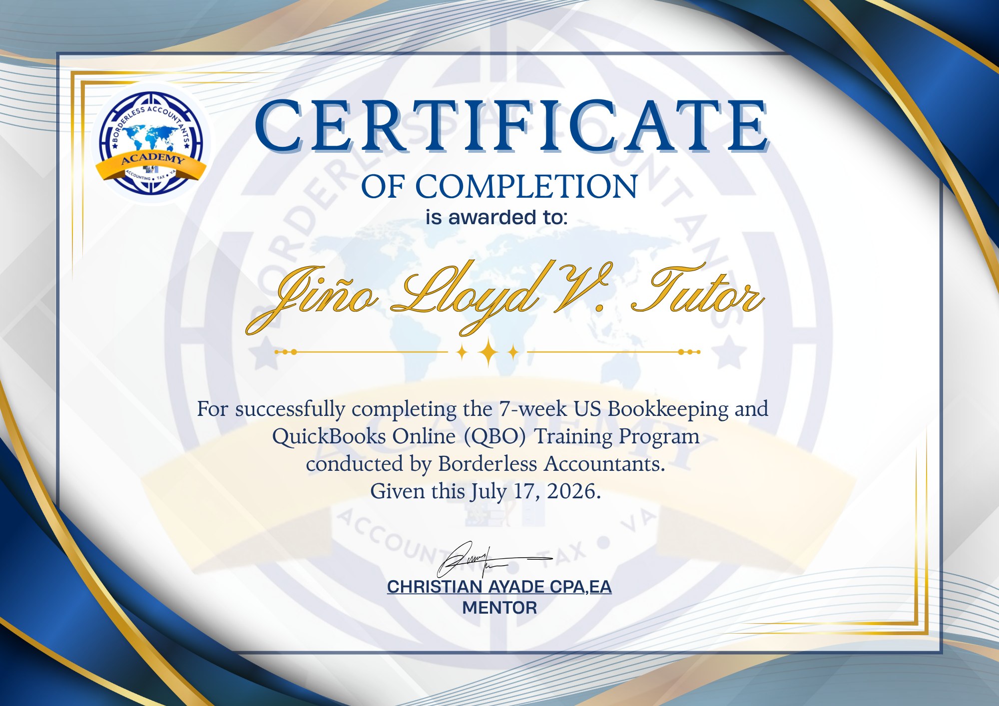 Certificate of completion — US Bookkeeping & QuickBooks Online (QBO)